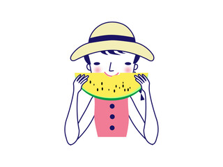 半月切りの黄色いスイカをかぶりつく女の子