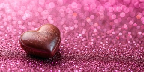 Obraz premium Heart shaped chocolate on pink glitter background for Valentine's concept, Valentine's Day, love, sweet, romantic
