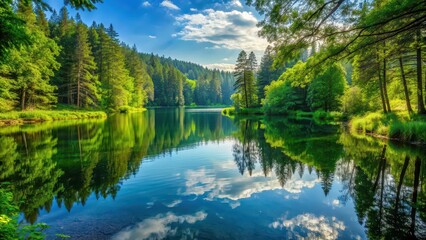 Obraz premium Serene lake hidden in a lush forest , tranquil, nature, landscape, reflection, peaceful, scenic, trees, greenery, calm