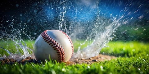 Baseball resting on grass, being splashed with water, baseball, grass, water, splashing, sports, outdoor, summer, recreation