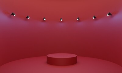 red podium with showcase in the studio room.3d rendering.	