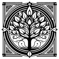 Magnolia plant, tree in decorative emblem ornament, Victorian, art deco, art nouveau, boho, bohemian,  folk, flourish