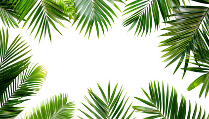 Tropical frame with green palm leaves. Tropical plant branches isolated on a transparent background.