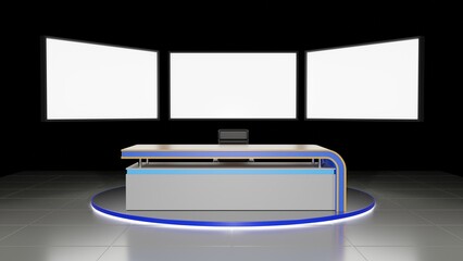 wood table and lcd background in the news studio room.3d rendering.	