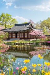 An artistically drawn hanok with a pond in the foreground, surrounded by vibrant spring flowers and illuminated by soft sunlight.