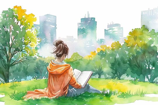 Watercolor painting of a person reading a book in a park with city skyline in the background. Peaceful and relaxing outdoor scene.