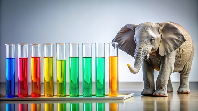 Toy elephant in front of row of colorful test tubes for playful learning or scientific discovery, toy, elephant