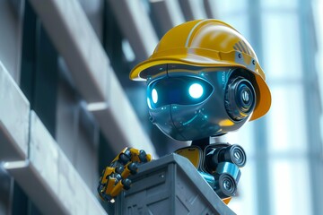 Robot construction worker building a skyscraper in a high-tech city in 3D render cartoon style, generated by ai