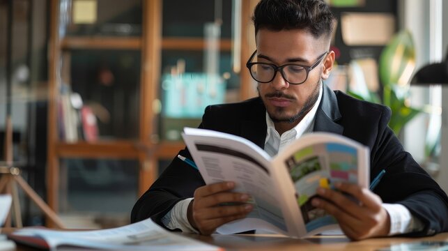 Young professional reading an investment guide at a desk, investment, early career financial growth