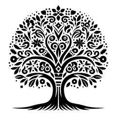 Obraz premium Rubber plant, tree in decorative emblem ornament, Victorian, art deco, art nouveau, boho, bohemian, folk, flourish