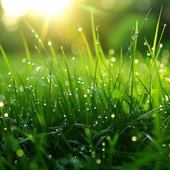 Fototapeta premium Radiant Morning Dew on Fresh Green Grass with Glistening Droplets - Nature's Delicate Beauty | Isolated White Background Copy Space