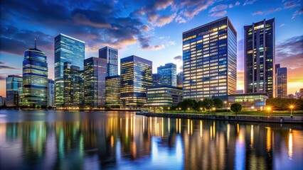 Fototapeta premium Dusky skyline with illuminated office buildings creating a tranquil oasis for corporate professionals, Twilight