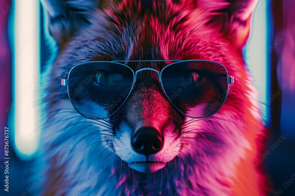 Canvas Prints fox wearing aviator sunglasses, fashion portrait under pink and blue neon colors, generated by ai