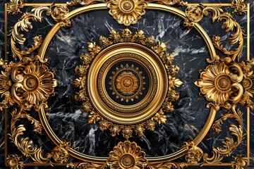 Obraz premium Baroque Classical Abstract Marble Framed Ceiling Art with Ornate Border. Luxury Lavish Decor Elements with Seamless Pattern Background Texture
