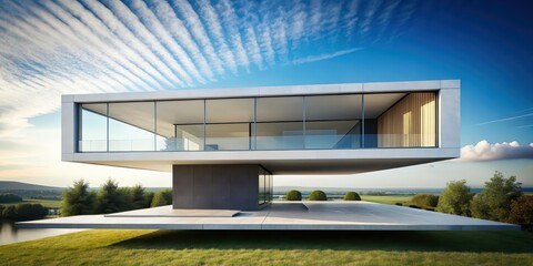 Fototapeta premium Minimalist of a modern architect-designed house on a levitating platform, modern, architectural, house, minimalist,design