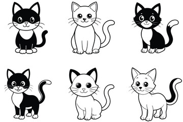 cute black cat cartoon line art and silhouette vector illustration bundle set.