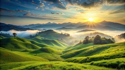Fototapeta premium Serene landscape of green hills with sunrise behind misty mountains, featuring green grass in foreground