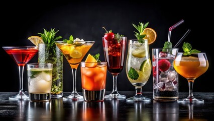 Fototapeta premium Various famous cocktails on a black background , Pisco Sour, Mojito Strawberry, Margarita, cocktails, drinks