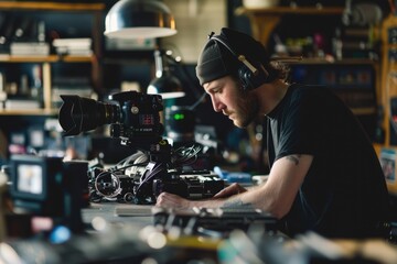 The photographer is in a professional studio, with lighting equipment and photographs, focusing on creative work AIG58