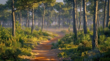 Obraz premium A forest path with trees and bushes