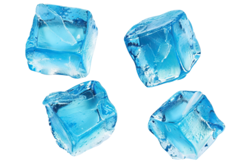 Four blue ice cubes arranged against a white background, showcasing their clarity and refreshing appearance. The vibrant blue hue adds a unique touch,