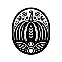 Naklejka premium Pumpkin vegetable in decorative emblem ornament, Victorian, art deco, art nouveau, boho, bohemian, folk, flourish