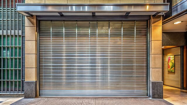 Closed storefront with metal security gate and signage in urban setting, Closed, Store, Front, Metal, Security, Gate, Signage