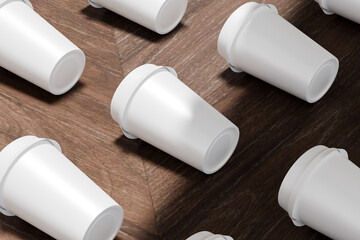 Multiple white take away coffee cup for mockup presentation branding design rendering minimalist blank close up with moody lighting calm and cozy engaging product display or disposable cup concept