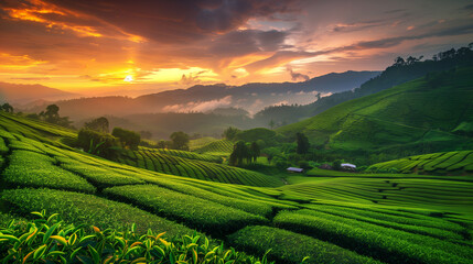 Fototapeta premium Beautiful tea plantation landscape in sunset Thailand Agricultural landscapes of tea terraces