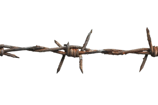 Close-up of rusty barbed wire against a white background, symbolizing restriction, security, and the passage of time, ideal for themes related to boundaries and protection.