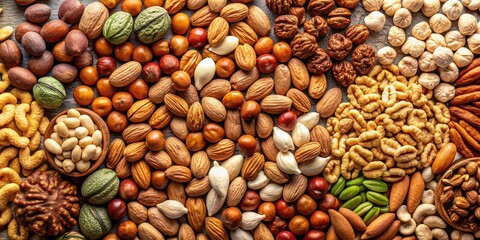Obraz premium Assorted nuts composition on a plain background, perfect for health and nutrition concepts, nuts, healthy, snack