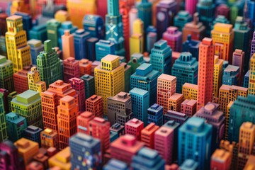 Obraz premium Vibrant and detailed miniature cityscape model with colorful buildings and urban architecture, representing a creative and craftsmanship world in a smallscale 3d replica