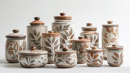 A set of ceramic jars with intricate leaf designs designed for storing pantry items and promoting zerowaste shopping..