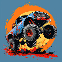 Cartoon Monster Truck. Extreme Sports vector illustration. 4x4. Vehicle SUV Off Road. Can be printed on T-shirts, bags, posters, invitations, cards, phone