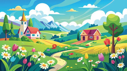 Naklejka premium Spring landscape in flower field on sunny Day, Panorama outing in countryside in spring with blue sky and clouds. 