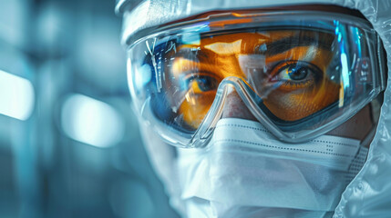 A close-up of a scientist wearing protective goggles, mask, and suit, focused on work in a high-tech laboratory setting.