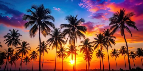 Colorful tropical sunset with coconut palm trees silhouettes and shining sun, tropical, sunset, colorful