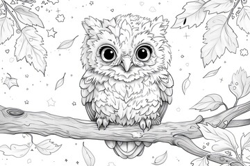 Fototapeta premium A delightful line art illustration of a baby owl perched on a branch. The owl has large, expressive eyes and is surrounded by leaves and stars. The design is intended for coloring pages, providing