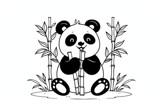recommend clip art: A cute line art image of a panda bear sitting and eating bamboo. The panda has a friendly smile and is surrounded by bamboo stalks. The design is simple and inviting, making it perfect for coloring