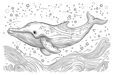 A cute line art illustration of a baby whale swimming in the ocean. The whale has a joyful expression and is surrounded by waves and bubbles. The design is intended for coloring pages, providing