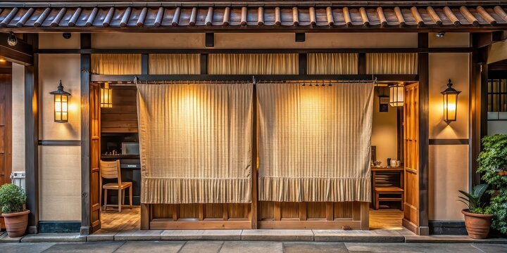 Traditional Japanese soba noodle restaurant with a warm noren curtain hanging at the entrance, Japanese, cuisine, restaurant