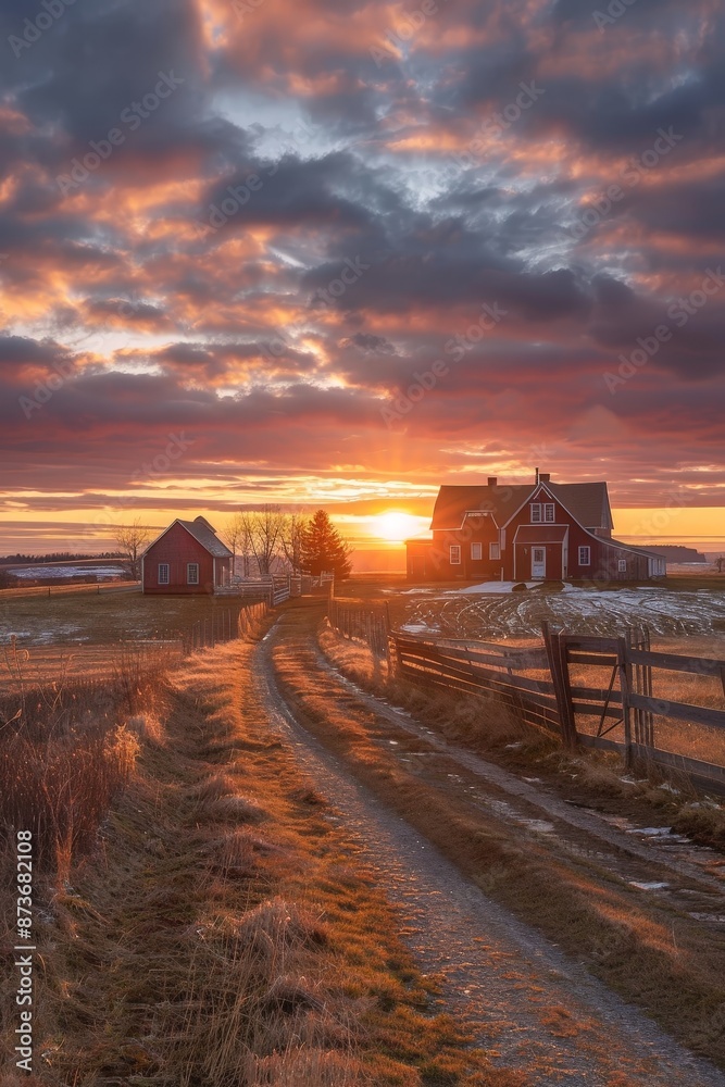 Canvas Prints as the sun dips below the horizon, casting its final rays across the scene, the farmhouse stands as 