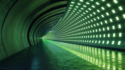 A visually striking tunnel illuminated by vibrant green lights.  