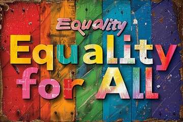 Colorful text "Equality for All" on rustic wooden background with peeling paint effect. Vibrant rainbow colors diversity, inclusion, LGBTQ+ pride, creating powerful message equality and unity.