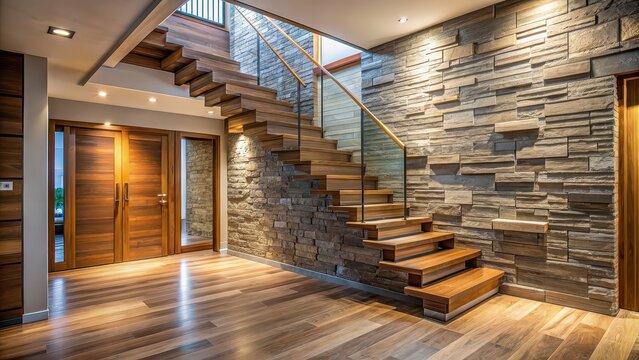 Cozy hallway with wooden staircase and stone cladding wall in a modern home interior entrance, rustic, elegance, cozy, hallway