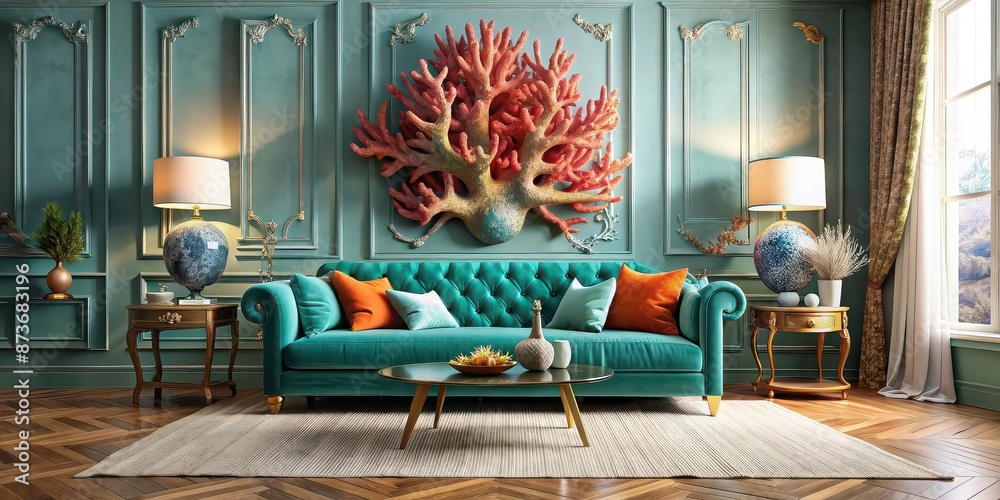 Canvas Prints Maximalist living room featuring a teal sofa and colorful coral sculpture, maximalist, living room, interior, teal, sofa