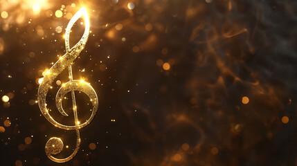 a golden treble clef located in the air on the left, in a dark empty space with light highlights
