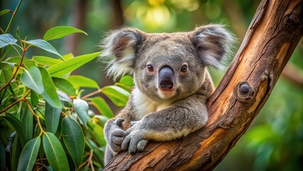Fototapeta premium Koala resting in eucalyptus tree, wildlife, Australian, marsupial, furry, cute, tree-dwelling, sleeping, peaceful