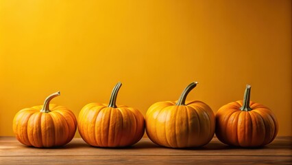 Obraz premium Four pumpkins displayed on a deep yellow background, pumpkins, autumn, Halloween, fall, harvest, orange, seasonal, gourds