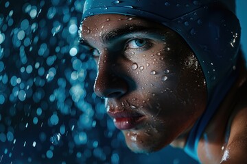 Dramatically lit from above, this striking portrait of an elite swimmer features glistening water droplets on chiseled features.